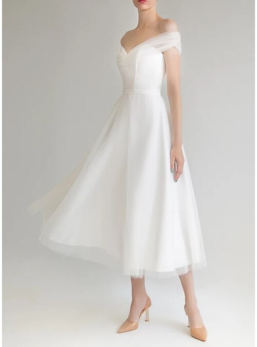 sleeveless off the shoulder women's short white wedding dresses Tube Top Satin Boho Bride Gowns Off-Shoulder A-Line W  Laxag the Zephyr Off short white formal dresses A-Line