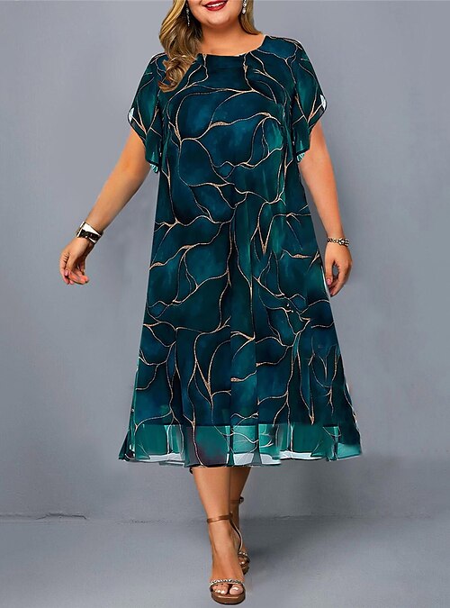 Women's Plus Size Curve Casual Dress Satin Dress Floral Midi Dress Short  Sleeve Print Crew Neck Fashion Outdoor Green Summer Spring L XL XXL 3XL 4XL  2024 - $32.99