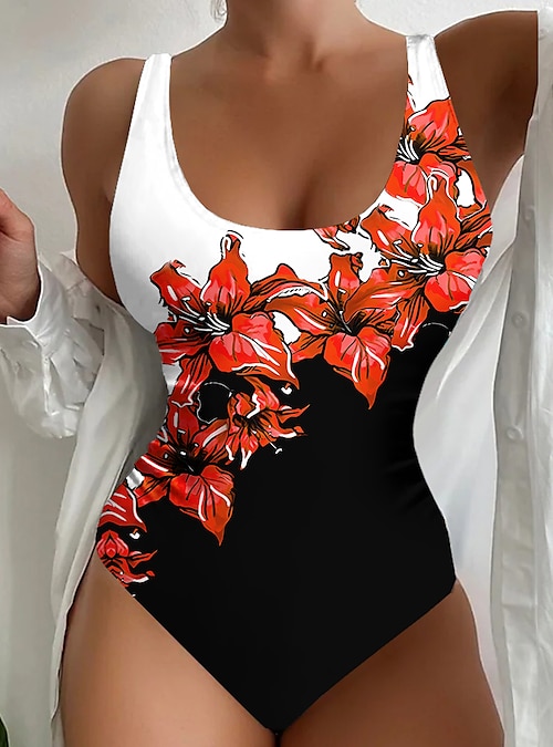 Women's Swimwear One Piece Normal Swimsuit Printing Floral Red Blue Purple  Bodysuit Bathing Suits Sports Beach Wear Summer 2024 - $32.99