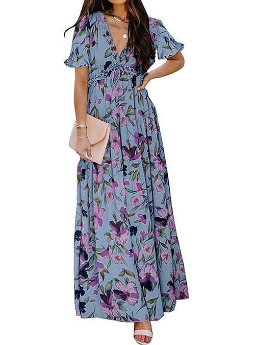 Women's Summer Casual Floral Print Short Sleeve V-Neck Flowy Swing Maxi  Dress