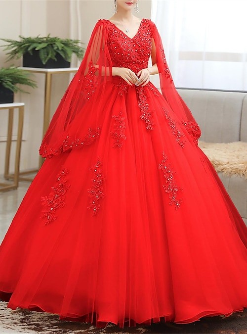 Champagne Long-sleeves Red Appliques Wedding Dresses with Royal Train –  loveangeldress