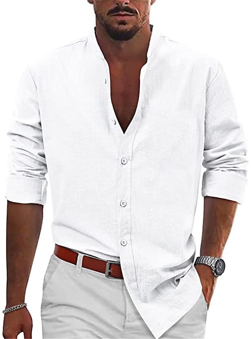 Men's Linen Shirt Shirt Summer Shirt Beach Shirt Button Down Shirt Black  White Navy Blue Long Sleeve Plain Band Collar Spring & Summer Casual Daily  Clothing Apparel Front Pocket 2024 - $23.99