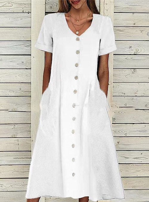 Linen-Cotton Blend Dress - White Midi Dress - Button-Front Dress