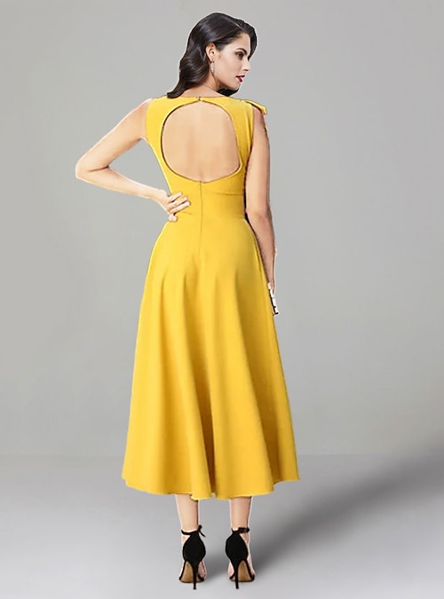 navy blue dress for baby girl A-Line Wedding Guest Dresses Backless Dress Summer Semi Formal Tea Length  Sleeveless Jewel Neck Stretch Fabric with Ruffles 2024 2026