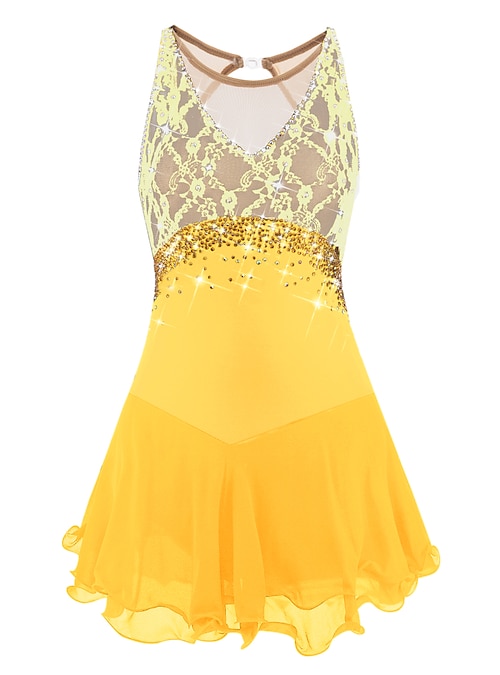 Miniinthebox Figure Skating Dress Women's Girls' Ice Skating Dress Dark Purple White Yellow Open Back Mesh Spandex Lace High Elasticity Competition Skating Wear