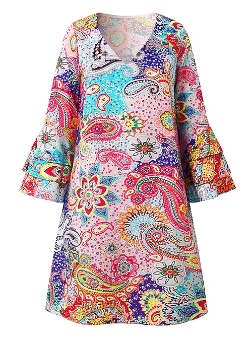 Women's Mini Dress Casual Dress Semi Formal Dress Petite Dress Sundress  Bohemia Ruffle Sleeve Vacation Daily Cocktail Party Regular Fit Floral  Paisley 3/4 Length Sleeve V Neck Red Blue 2026 - $60.99