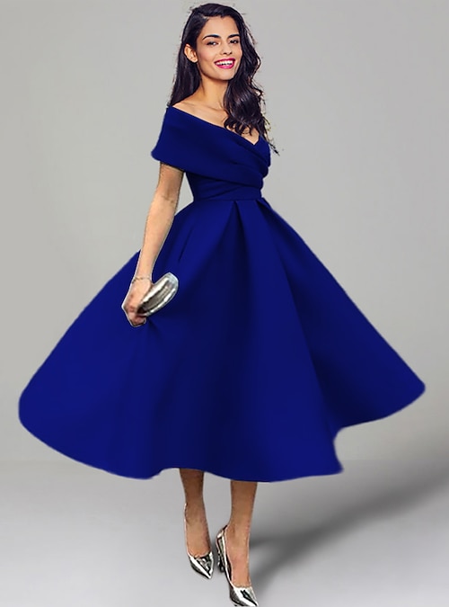 royal blue tea party dress A-Line Royal BLue Dot Net Tea Length Prom Dress – TANYA BRIDAL main image 0
