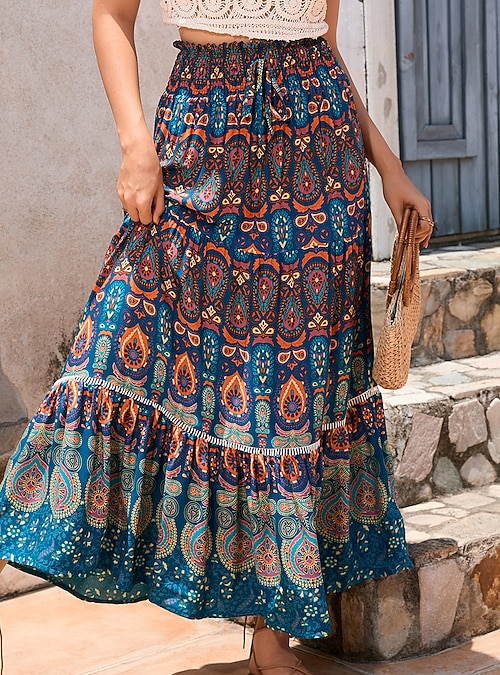 スカート COMBINATION LONG FLARED SKIRT OLD BOLEY Women's Skirt Swing Bohemia Maxi High Waist Skirts Pleated
