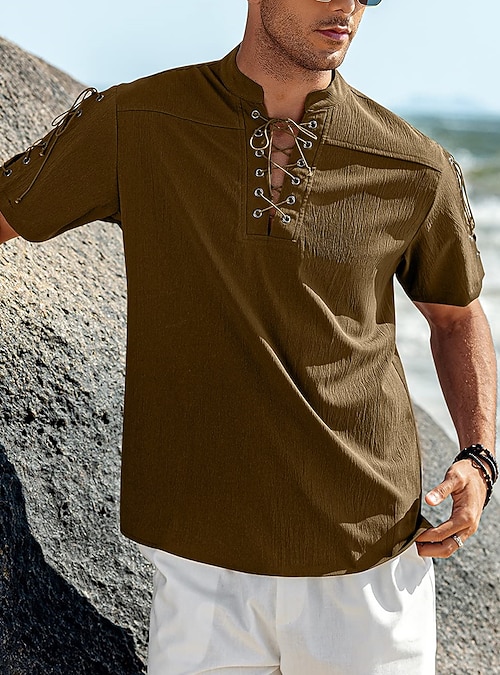 COOFANDY Chemise cubaine Guayabera à manches longues boutonnée en lin avec col en bande pour homme Beige
