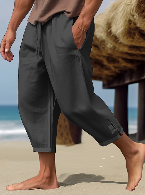 Men's Linen Pants Summer Pants Cropped Pants Beach Pants Drawstring Elastic  Waist Plain Comfort Breathable Calf-Length Casual Daily Holiday Linen  Cotton Blend Fashion Classic Style Black White 2024 - $25.99
