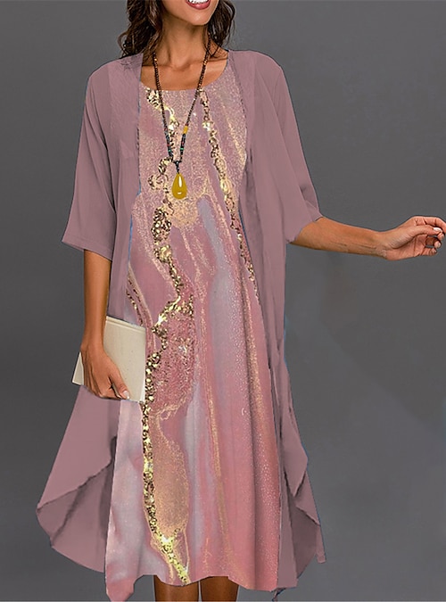 Women's Graduation Dress Midi Dress Two Piece Dress Set Casual Dress Print  Dress Elegant Fashion Ombre Floral Print 3/4 Length Sleeve Crew Neck  Outdoor Daily Pink Dark Pink Blue Summer Spring 2026 - $43.99