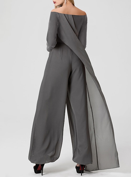 Jumpsuits Wedding Guest Dresses Elegant Dress Formal Wedding Floor Length  3/4 Length Sleeve Off Shoulder Chiffon with Pleats 2024 2026 - $99.99