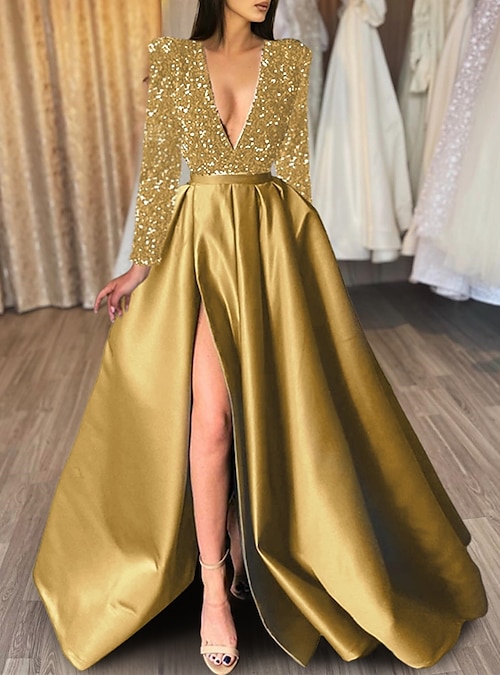 A-Line Court Train Prom Dresses Evening Gown Ball Gown Formal Dress Sparkle & Shine Side Slit Half Sleeve V Neck Wedding Formal Satin Sequined with Sequin Slit 2026 - kr.1489 A-Line Court Train Prom Dresses Evening Gown Ball Gown Formal Dress Sparkle & Shine Side Slit Half Sleeve V Neck Wedding Formal Satin Sequined with Sequin Slit 2026 - kr.1489