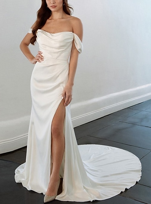 Reception Casual Wedding Dresses Sheath / Column Off Shoulder Short Sleeve  Court Train Charmeuse Bridal Gowns With Pleats Split Front 2024 2026 -  $139.99