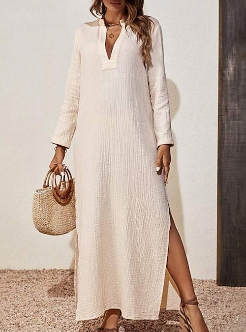2024 Spring Cotton Linen Women's Long Dress White Long Sleeve