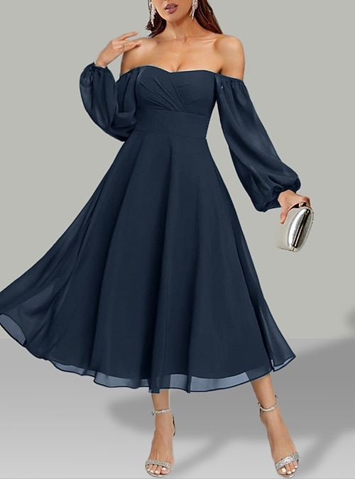 A-Line Wedding Guest Dresses Elegant Dress Holiday Fall Tea Length Long  Sleeve Off Shoulder Chiffon with Ruched 2024 2026 - $78.99