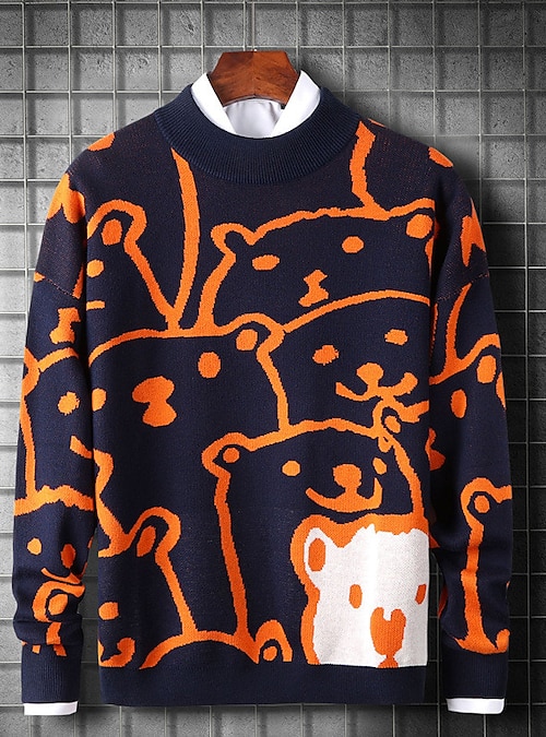 Luxury Large Cartoon Bear Pattern Mens Knitted Sweater Streetwear O-Neck  Slim Long Sleeved Pullover Sweaters