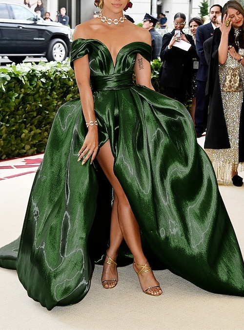 glitter off the shoulder prom dress Glitter Mermaid Off The Shoulder Dark Green Long Prom Dress Dark Green / 16