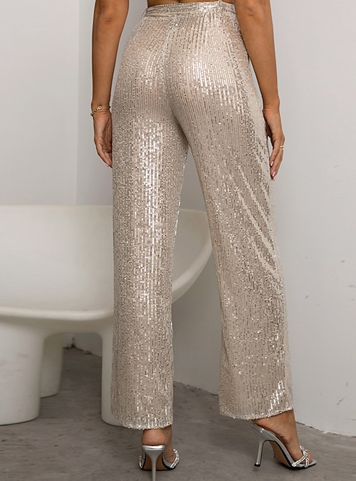 Women's Wide Leg Pants Trousers Full Length Sequins Micro-elastic