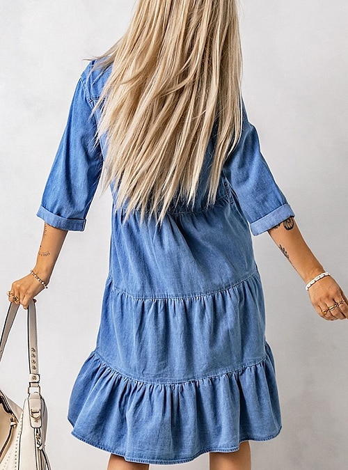 3/4 Sleeve Denim Dress with Shirt Collar, Regular