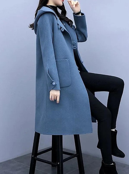 Women's Long Coat Elegant Hooded Overcoat Fall Single Breasted Pea Coat  Winter Warm Windproof Trench Coat Modern Casual Trendy Jacket Long Sleeve  with Pockets Black Blue 2024 - $31.99