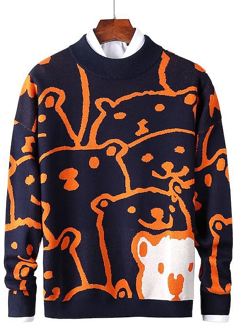 Luxury Large Cartoon Bear Pattern Mens Knitted Sweater Streetwear O-Neck  Slim Long Sleeved Pullover Sweaters