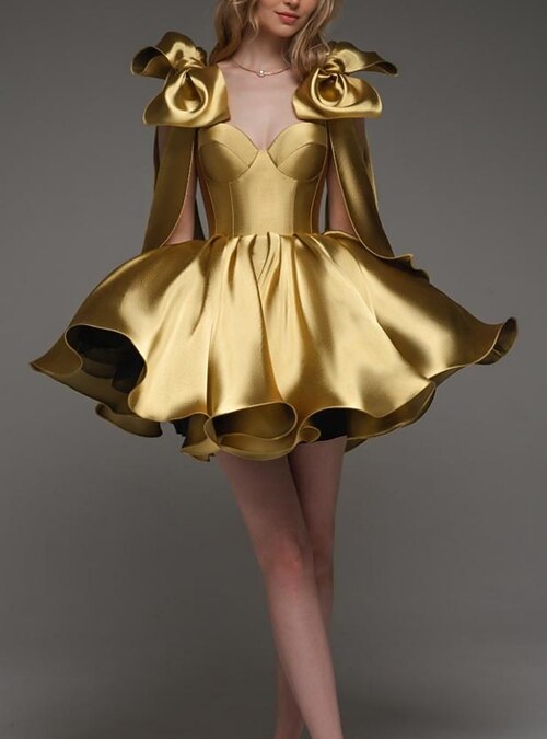 A-Line Homecoming Dresses Party Dress Birthday Fall Short / Mini Sleeveless  Square Neck Satin with Bow(s) Pleats 2024 2026 - $110.99