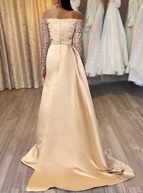 Mermaid Gold Dresses Evening Dress Wedding Guest Sparkle & Shine Dress  Formal Wedding Party Court Train Long Sleeve Off Shoulder Fall Wedding  Reception Satin with Ruched Sequin Slit 2024 2024 - $149.99