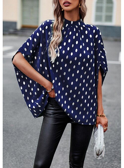 Women's Loose Casual Short Sleeve Top Navy Blue and White Polka