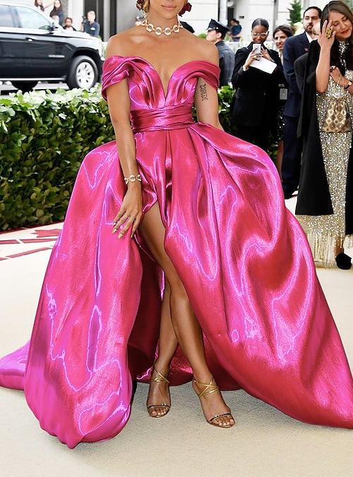 celebrity satin dress Pink Rihanna Sheath Mermaid Satin Dress Strapless Prom Celebrity Red C   Hoprom