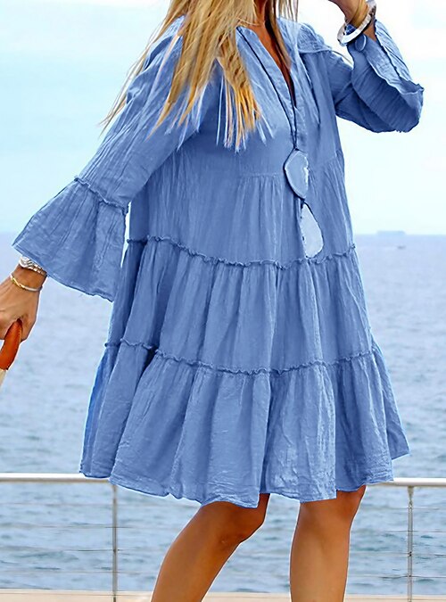 Elegant Linen Ruffle Dress, Long Sleeve Linen Dress, Puffy Sleeve