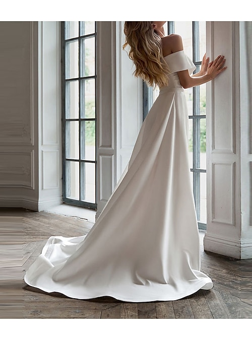 two piece white bridal shower dress Little Dresses Wedding Dresses Off Shoulder Short Sleeve Sweep Brush Train Satin Bridal Suits Bridal Gowns With Black Graduation Dresses - 纯色 Size:9-12 month or civil ceremony bridal