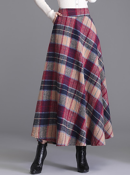 Women s A Line Plaid Skirt Midi Skirts Pocket Long Plaid Color Block Daily Date Fall Winter Polyester Twilled Satin Elegant Long Red Blue Green 2024 37.99