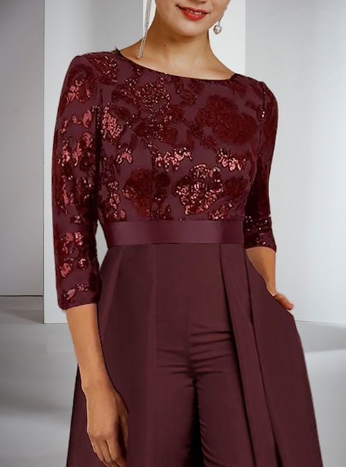 Jumpsuit Pantsuit Mother of the Bride Dress Formal Wedding Guest Elegant Scoop Neck Floor Length Lace Taffeta Sequined 3 4 Length Sleeve with Pleats Solid Color 2024 free custom size 2024 157.99