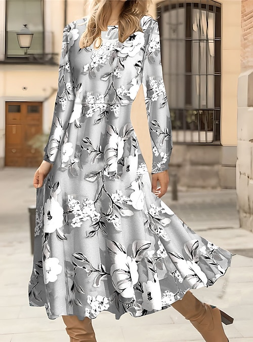 Women's Midi Dress A Line Dress Casual Dress Winter Dress Swing Dress  Fashion Streetwear Mature Formal Outdoor Vacation Regular Fit Floral Long  Sleeve Crew Neck Black Red Green Gray Fall Winter 2026 -