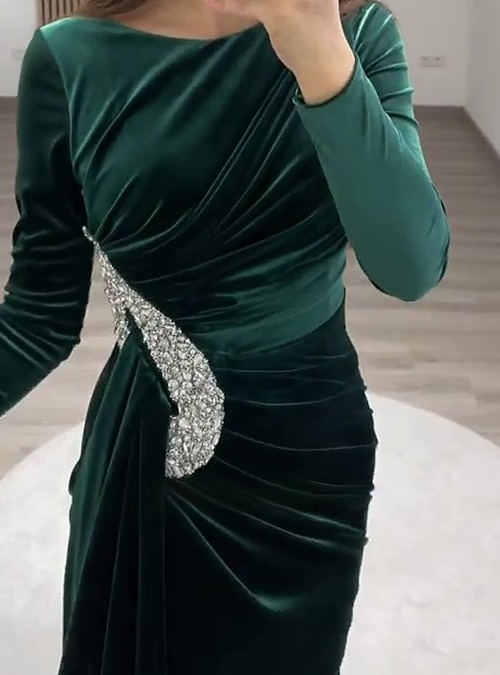 Sheath Evening Gown Vintage Black Dress Plus Size Formal Velvet Red Green  Dress Floor Length Long Sleeve Off Shoulder Fall Wedding Reception with  Rhinestone Slit 2024 2026 - $135.99