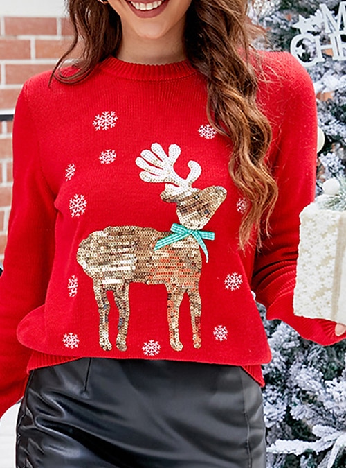 Ugly Christmas Sweater Round Neck Long Sleeve Sequin Knit Sweater Pullover  Animal Christmas Costume Sweater Women 