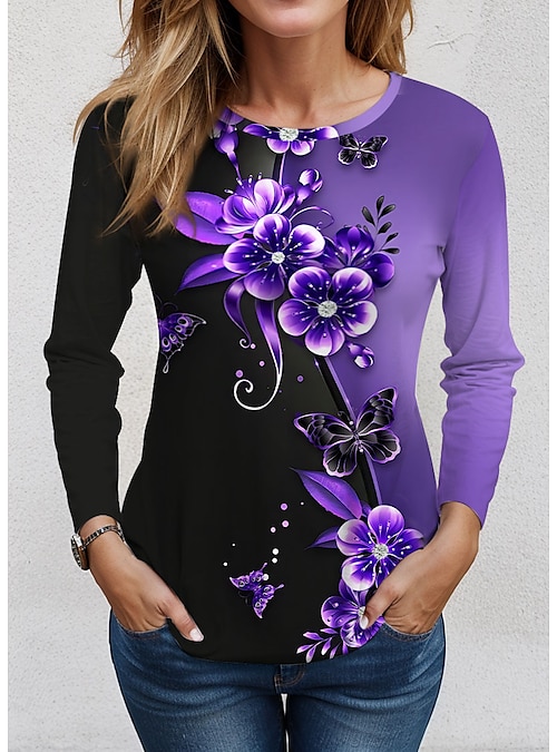 Women's Long Sleeve Tops Printed Floral T-shirt Purple Flower