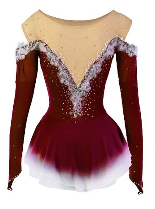 Robe de Patinage Artistique Femme Fille Patinage Robes Tenue Jaune clair  Rose clair Pourpre foncé Dos ouvert Teinture Halo Maille Spandex Haute  élasticité Compétition Tenue de Patinage Fait à la main de