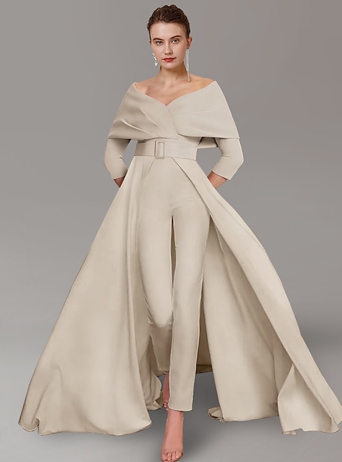 Two Piece Jumpsuit / Pantsuit Mother of the Bride Dress Formal Wedding Guest  Elegant Party Scoop Neck Off Shoulder Ankle Length Satin 3/4 Length Sleeve  with Sash / Ribbon 2024 2024 - $155.99