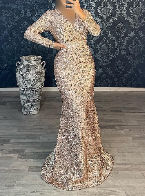Mermaid / Trumpet Evening Gown Red Green Dress Party Dress Masquerade Black  Tie Floor Length Long Sleeve V Neck Belt / Sash Sequined with Ruched 2024  2026 - $125.99