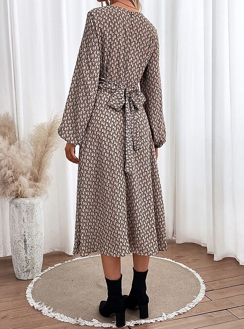 Women's Work Dress Sheath Dress Semi Formal Dress Elegant Winter Dress  Office Daily Midi Dress Print Ruched Crew Neck Long Sleeve Plaid Regular  Fit Khaki Spring Fall S M L XL 2024 - $31.99