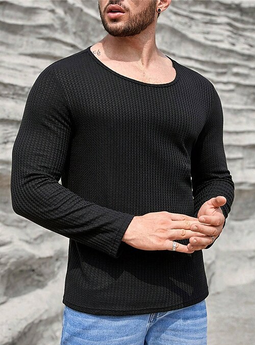 Men's T shirt Tee Waffle Shirt Tee Top Long Sleeve Shirt Plain Crew Neck  Street Vacation Long Sleeve Clothing Apparel Fashion Designer Basic 2024 -  $16.49