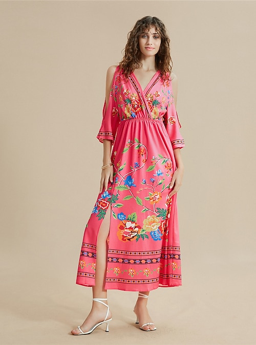 Women's Maxi Dress A Line Dress Stylish Boho Cold Shoulder Vacation Regular Fit Floral 3/4 Length Sleeve V Neck Pink Summer 2026 - $31.99 Women's Maxi Dress A Line Dress Stylish Boho Cold Shoulder Vacation Regular Fit Floral 3/4 Length Sleeve V Neck Pink Summer 2026 - $31.99