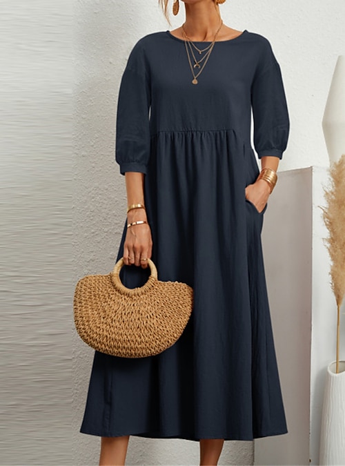 Women's Midi Dress Faux Cotton Linen Shift Dress Smock Dress Solid Basic  Casual Vacation Gift Holiday Loose Fit 3/4 Length Sleeve Crew Neck Blue  Black White Light Green Summer Spring 2026