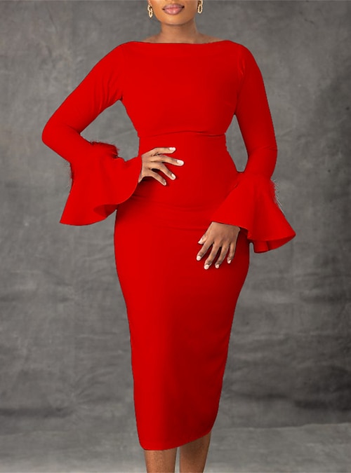 Women's White Dress Party Dress Feather Dress Feather Crew Neck Long Sleeve  Midi Dress Winter Dress Wedding Guest Black White Summer Spring 2026