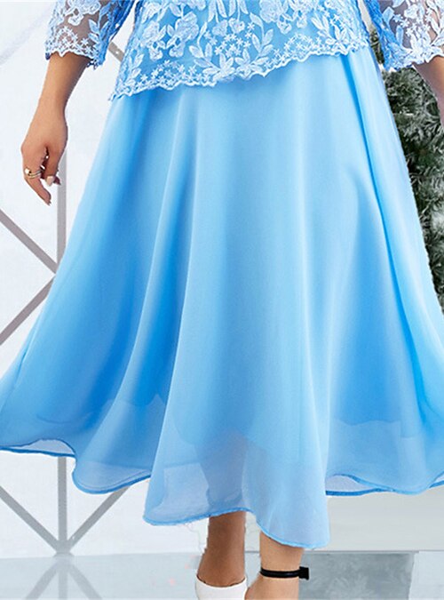 Women's Plus Size Curve Party Dress Winter Dress Lace Dress Solid Color  Long Dress Maxi Dress 3/4 Length Sleeve Lace Ruched Crew Neck Elegant Party  Pink Blue Summer Spring L XL 2XL