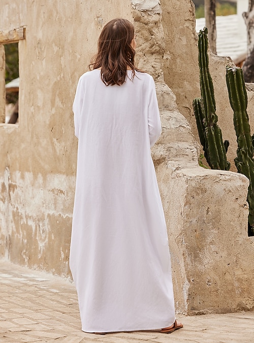 55% Linen Women's White Linen Dress Plain Breathable Crew Neck Pocket  Comfortable Maxi Dress Long Sleeve Loose Summer Spring 2025 - $62.99