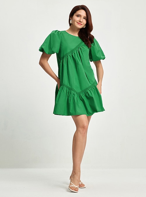 Women's Cotton Knee Length Dress Green Casual Puff Sleeve Crew Neck Summer 2026 - $55.99 Women's Cotton Knee Length Dress Green Casual Puff Sleeve Crew Neck Summer 2026 - $55.99