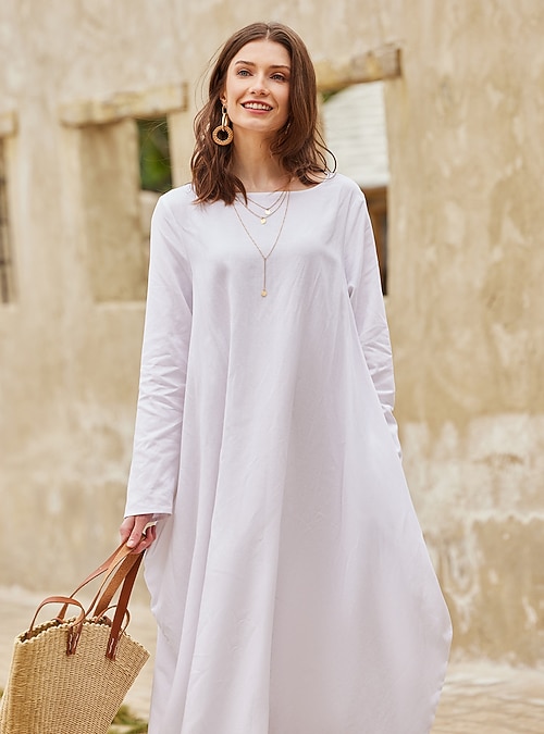 55% Linen Women's White Linen Dress Plain Breathable Crew Neck Pocket  Comfortable Maxi Dress Long Sleeve Loose Summer Spring 2026 - $66.99